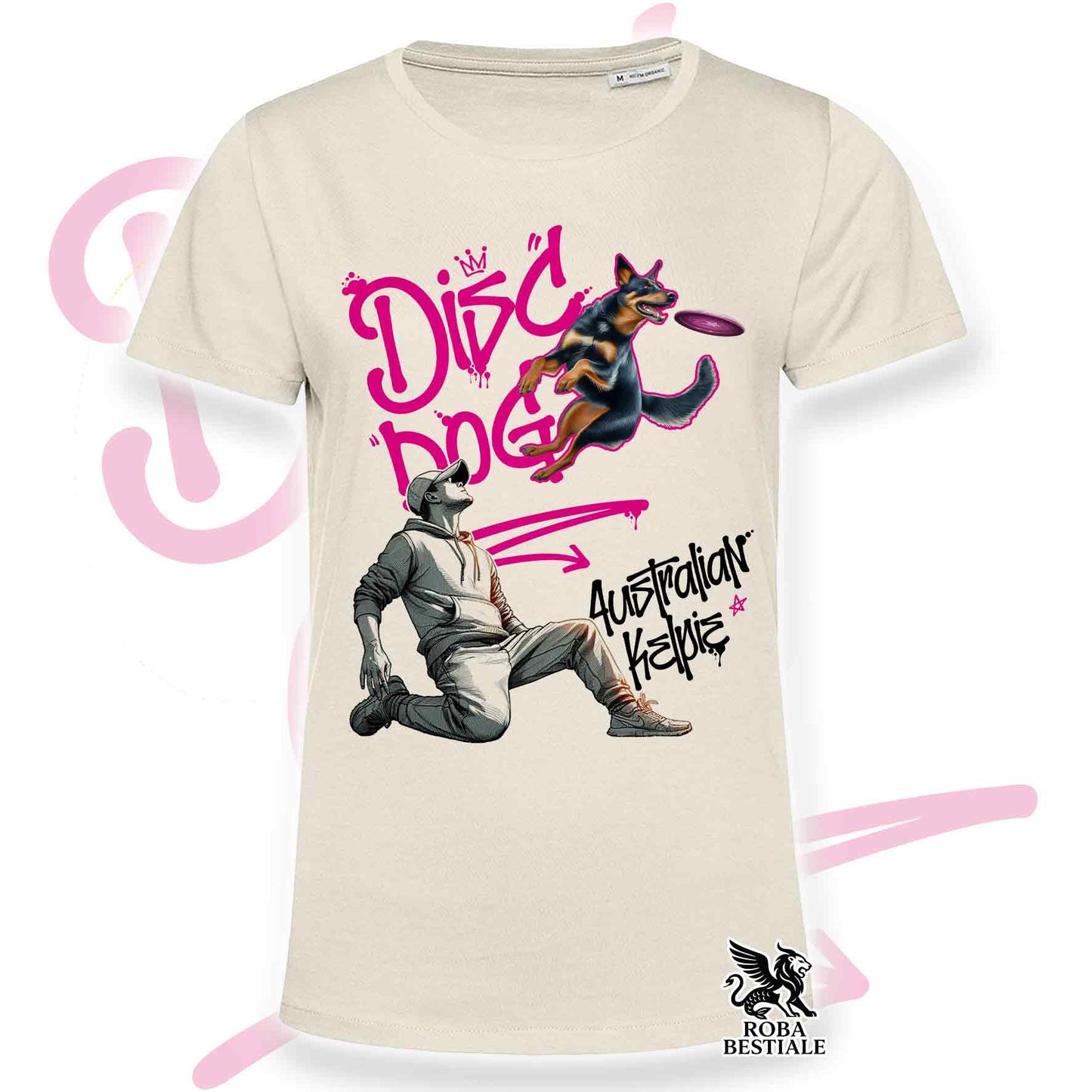 T-Shirt DISC DOG Graffiti "BOY" - AUSTRALIAN KELPIE Nero Focato - Off White, colore dettagli a scelta - dalla XS alla 2XL