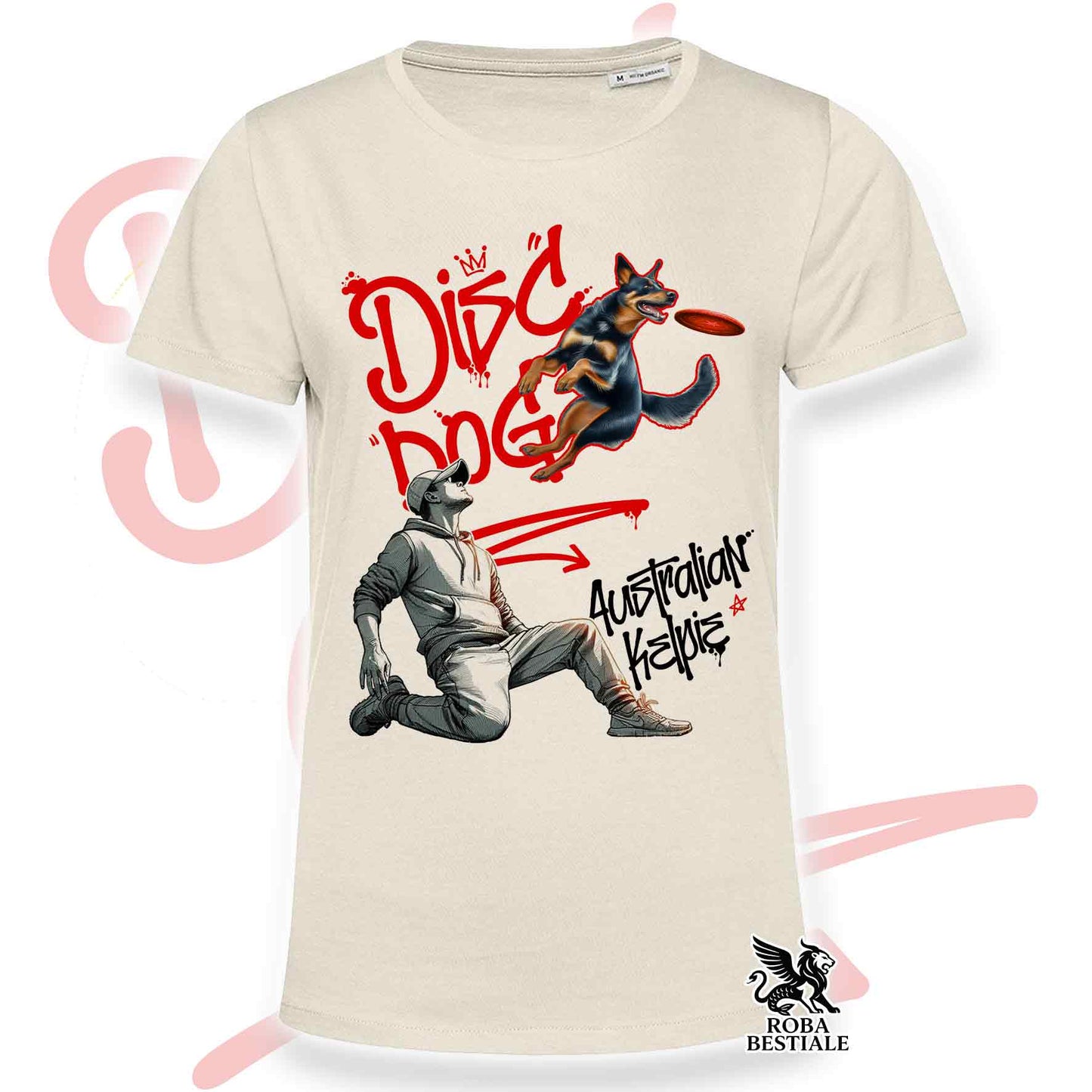 T-Shirt DISC DOG Graffiti "BOY" - AUSTRALIAN KELPIE Nero Focato - Off White, colore dettagli a scelta - dalla XS alla 2XL