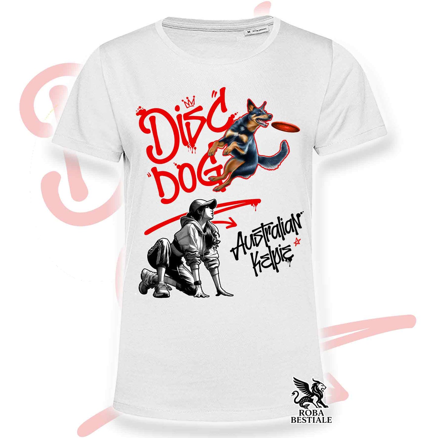 T-Shirt DISC DOG Graffiti "GIRL" - AUSTRALIAN KELPIE Nero Focato - Bianca, colore dettagli a scelta - dalla XS alla 5XL