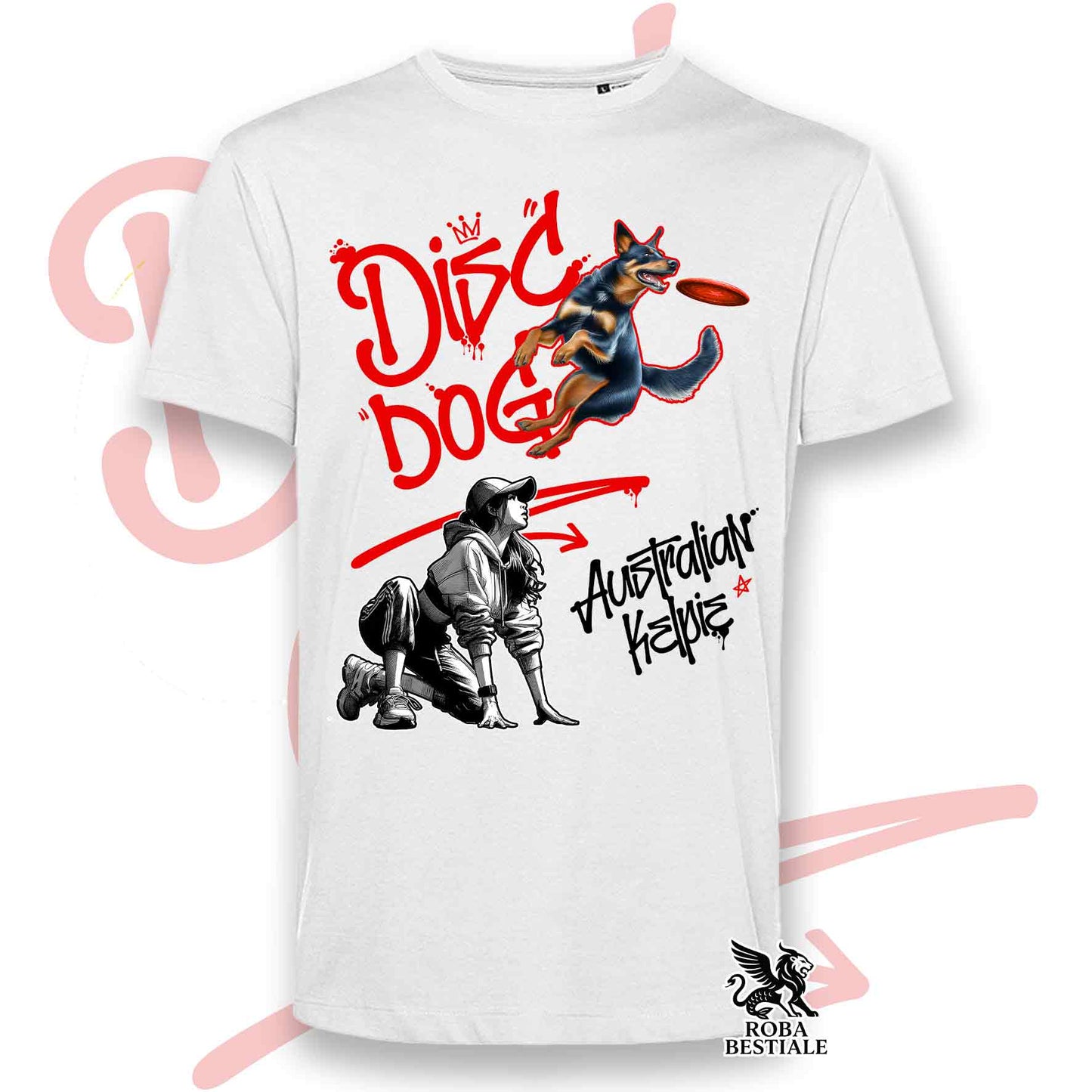 T-Shirt DISC DOG Graffiti "GIRL" - AUSTRALIAN KELPIE Nero Focato - Bianca, colore dettagli a scelta - dalla XS alla 5XL