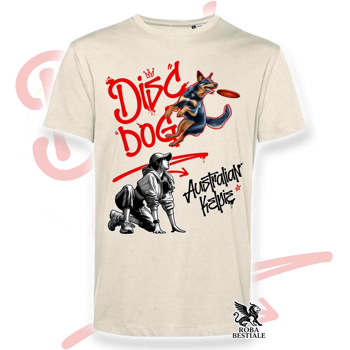 T-Shirt DISC DOG Graffiti "GIRL" - AUSTRALIAN KELPIE Nero Focato - Off White, colore dettagli a scelta - dalla XS alla 2XL