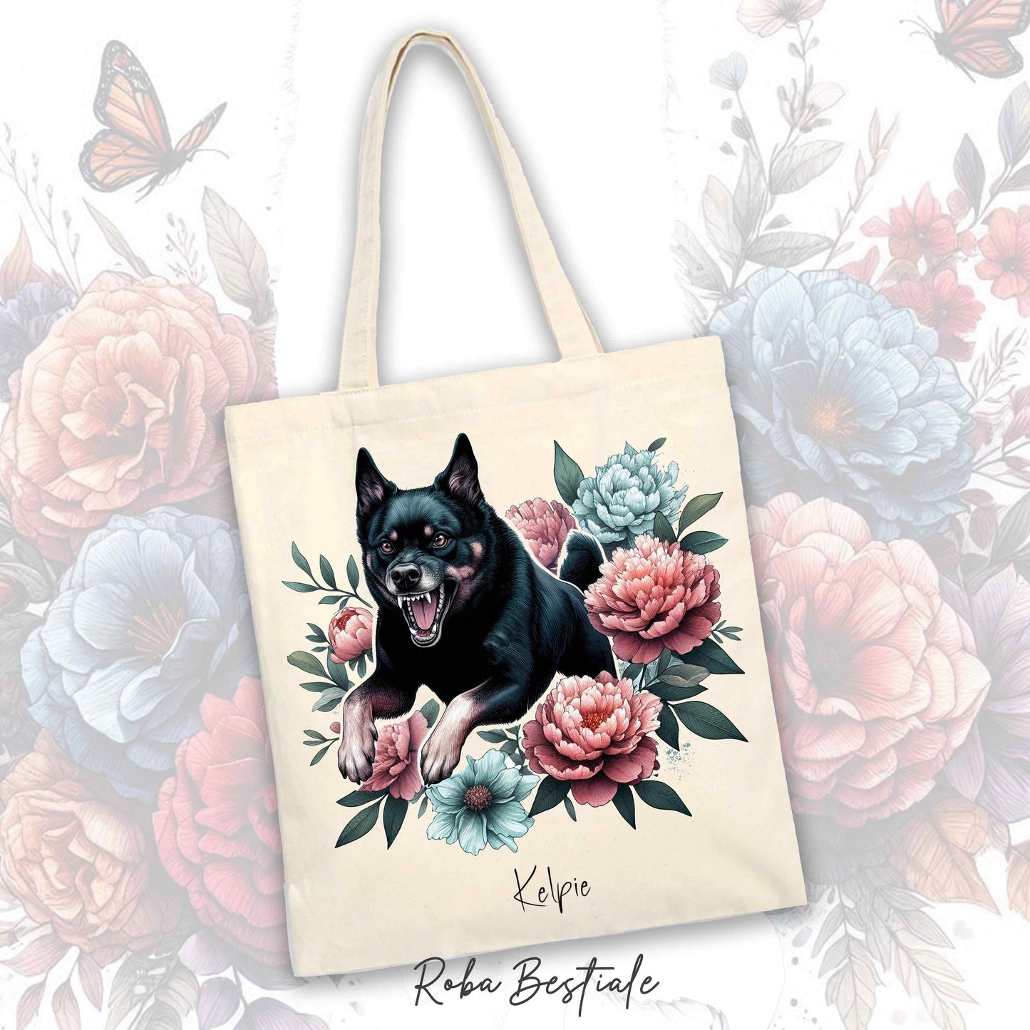 Shopper PEONY - AUSTRALIAN KELPIE Nero Focato - Diversi colori disponibili - 100% Cotone