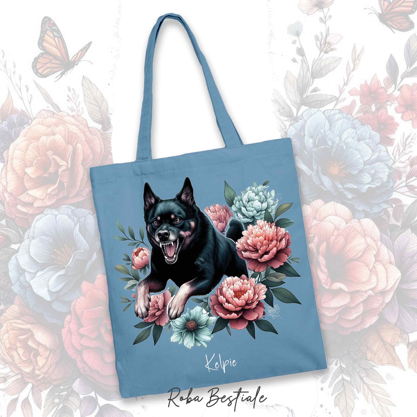 Shopper PEONY - AUSTRALIAN KELPIE Nero Focato - Diversi colori disponibili - 100% Cotone