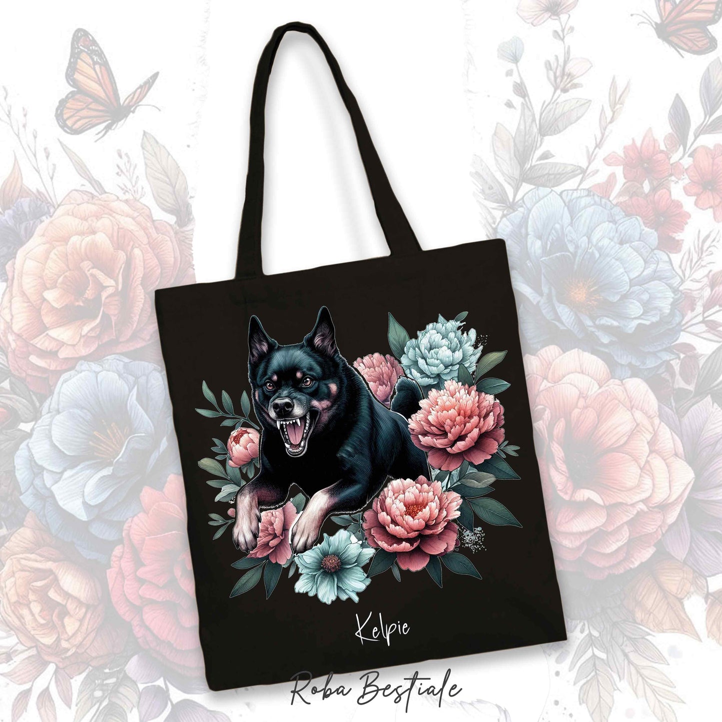 Shopper PEONY - AUSTRALIAN KELPIE Nero Focato - Diversi colori disponibili - 100% Cotone