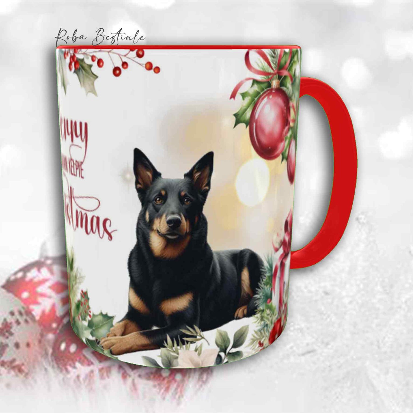 Tazza VINTAGE WINTER - AUSTRALIAN KELPIE Nero Focato - In Ceramica, con dettagli Rossi - 330 ml