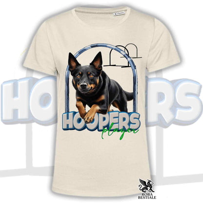 Maglietta uomo donna beige con cane nero e logo HOOPERS Players in blu-verde