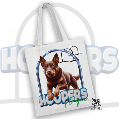 Shopping bag in cotone bianco con stampa cane marrone e logo HOOPERS.