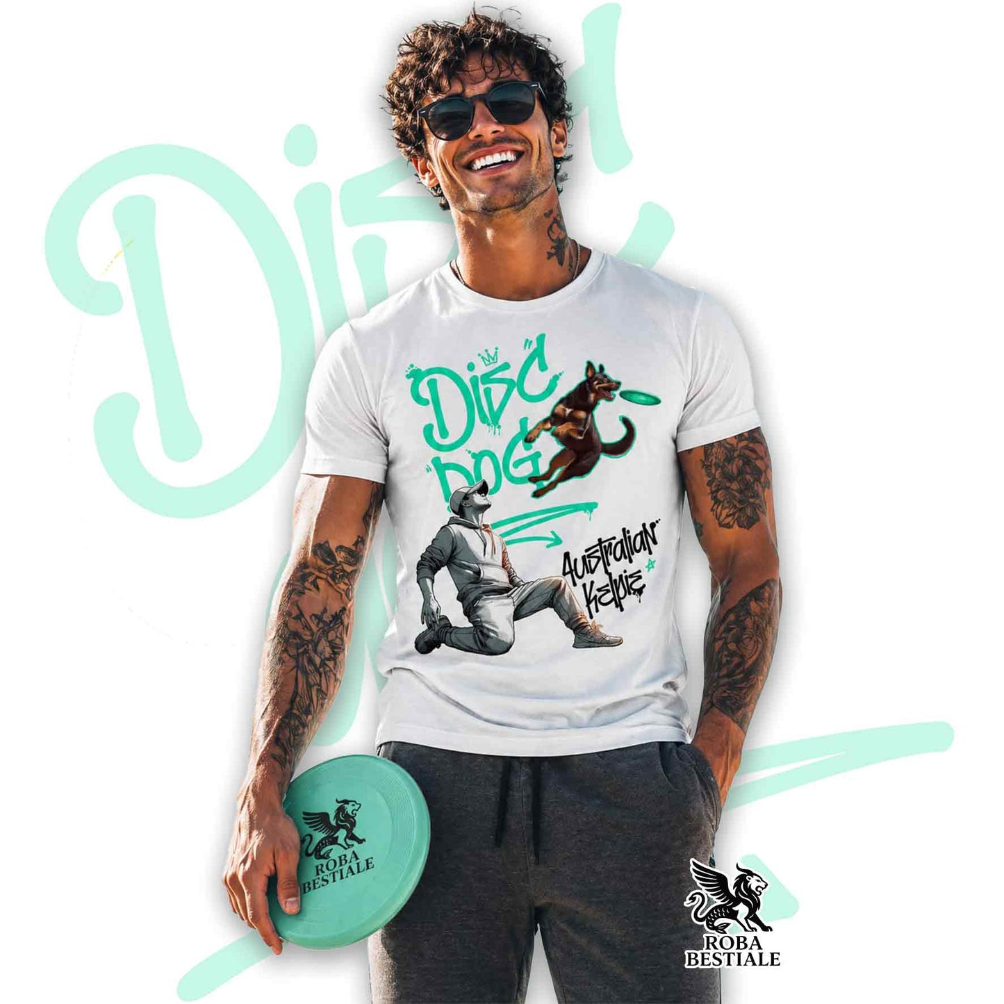 T-Shirt DISC DOG Graffiti "BOY" - AUSTRALIAN KELPIE Rosso Focato - Bianca colore dettagli a scelta - dalla XS alla 5XL