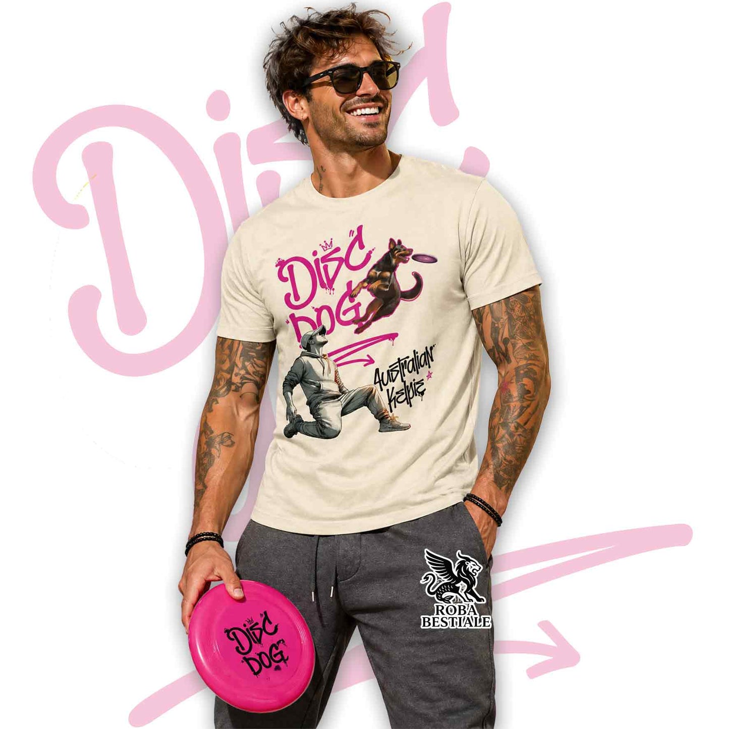 T-Shirt DISC DOG Graffiti "BOY" - AUSTRALIAN KELPIE Rosso Focato - Off White, colore dettagli a scelta - dalla XS alla 2XL
