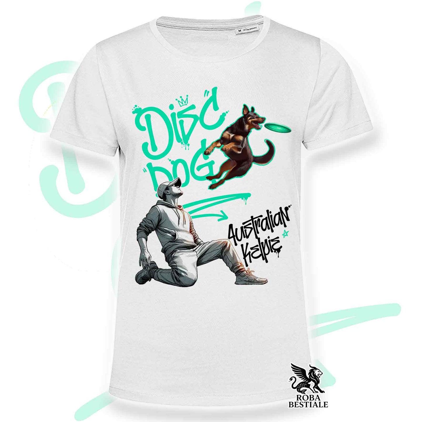 T-Shirt DISC DOG Graffiti "BOY" - AUSTRALIAN KELPIE Rosso Focato - Bianca colore dettagli a scelta - dalla XS alla 5XL