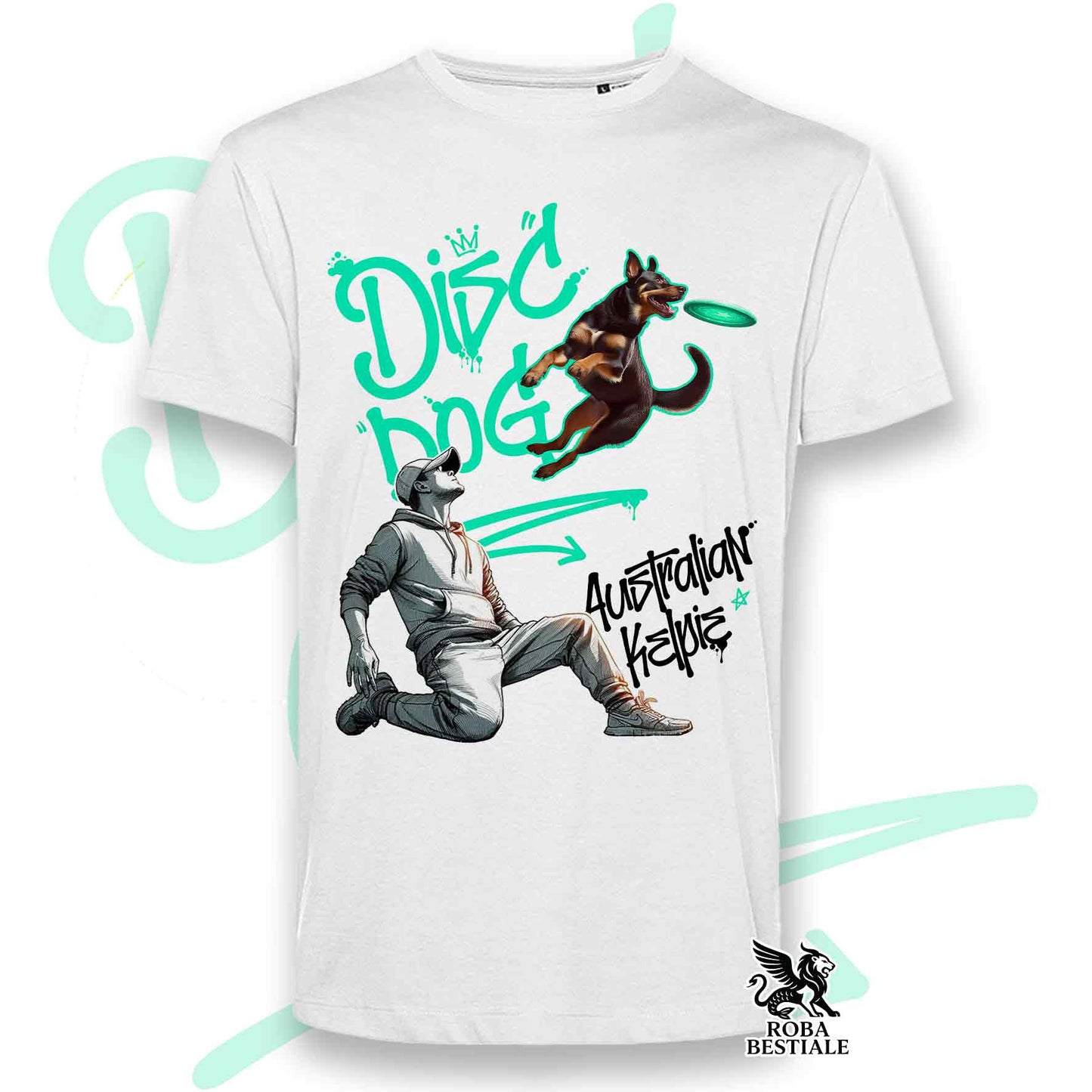T-Shirt DISC DOG Graffiti "BOY" - AUSTRALIAN KELPIE Rosso Focato - Bianca colore dettagli a scelta - dalla XS alla 5XL