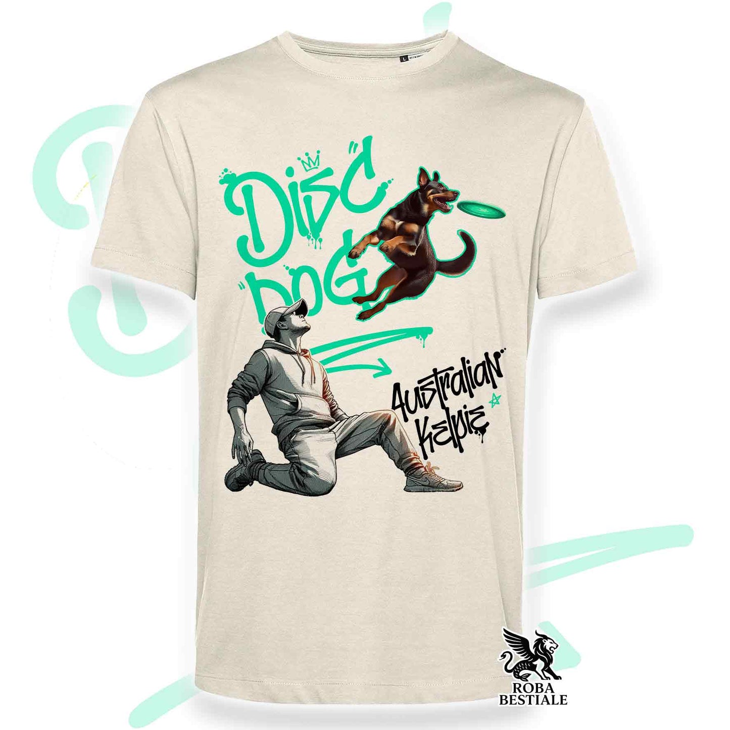 T-Shirt DISC DOG Graffiti "BOY" - AUSTRALIAN KELPIE Rosso Focato - Off White, colore dettagli a scelta - dalla XS alla 2XL