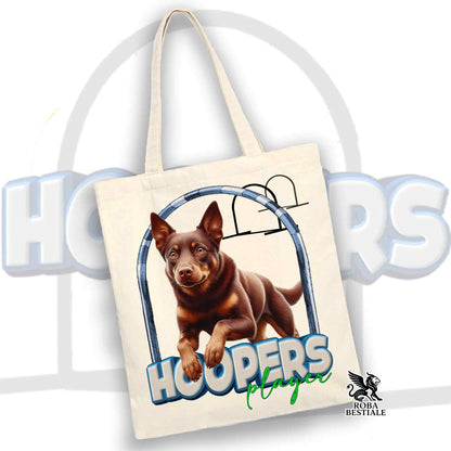 Shopping bag in cotone beige con stampa cane marrone e logo HOOPERS.