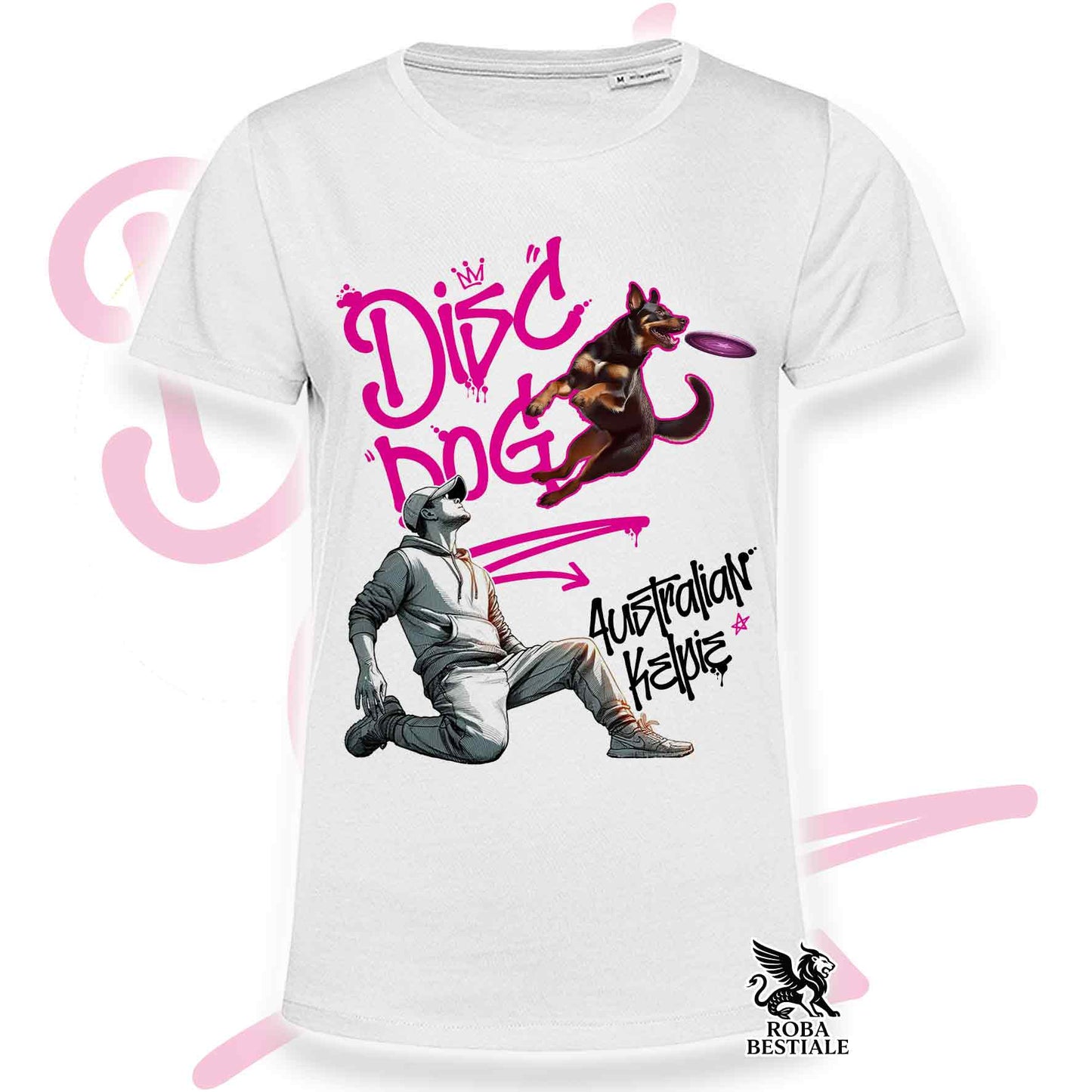 T-Shirt DISC DOG Graffiti "BOY" - AUSTRALIAN KELPIE Rosso Focato - Bianca colore dettagli a scelta - dalla XS alla 5XL
