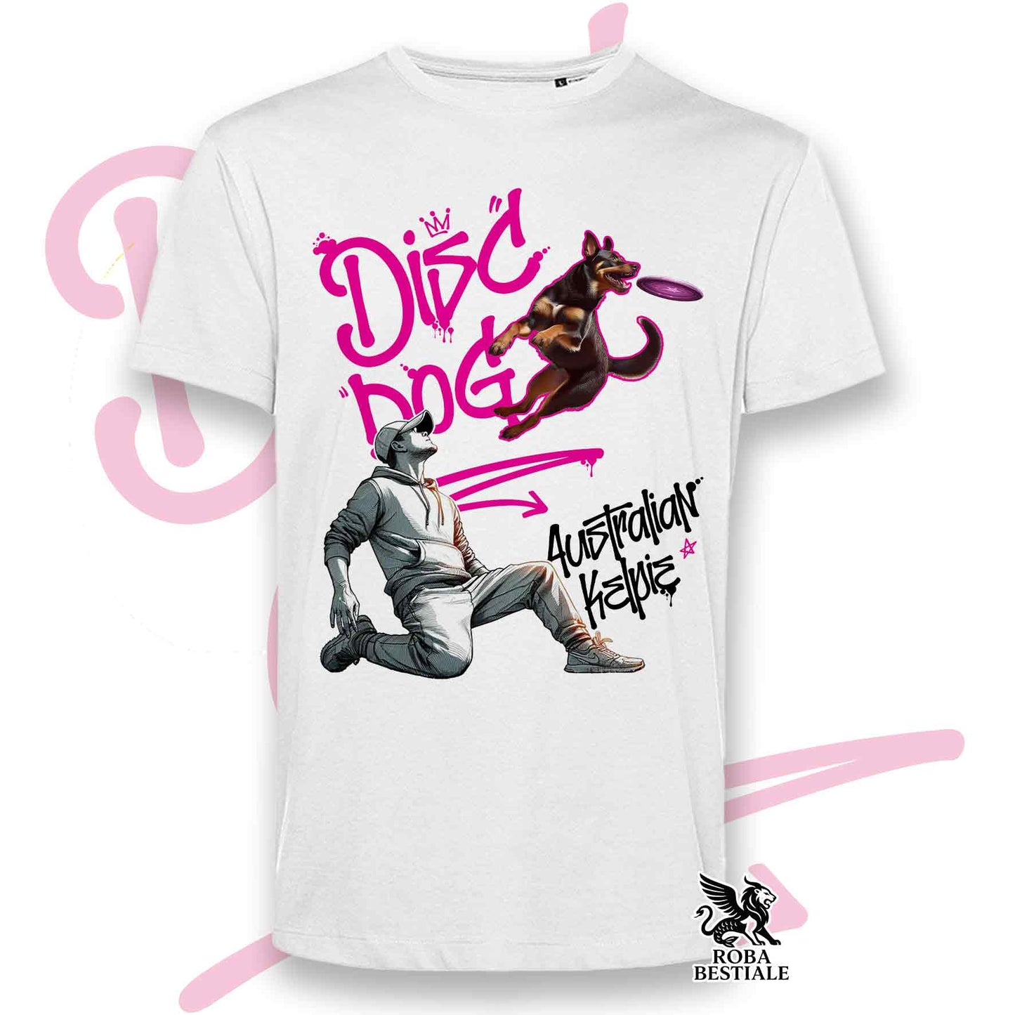 T-Shirt DISC DOG Graffiti "BOY" - AUSTRALIAN KELPIE Rosso Focato - Bianca colore dettagli a scelta - dalla XS alla 5XL