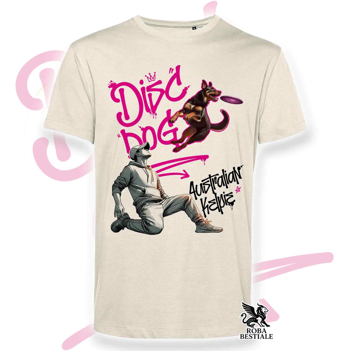 T-Shirt DISC DOG Graffiti "BOY" - AUSTRALIAN KELPIE Rosso Focato - Off White, colore dettagli a scelta - dalla XS alla 2XL
