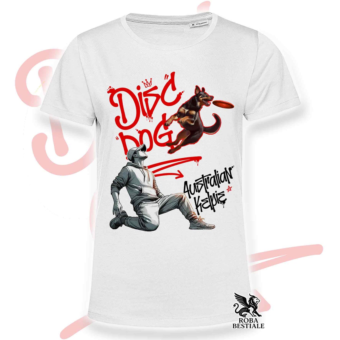 T-Shirt DISC DOG Graffiti "BOY" - AUSTRALIAN KELPIE Rosso Focato - Bianca colore dettagli a scelta - dalla XS alla 5XL
