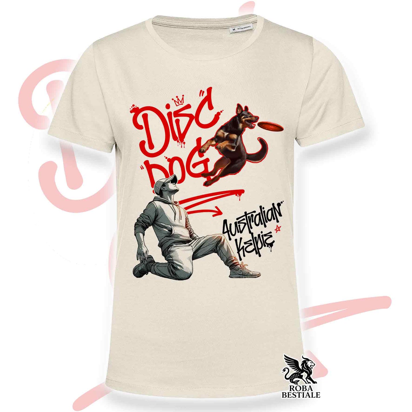 T-Shirt DISC DOG Graffiti "BOY" - AUSTRALIAN KELPIE Rosso Focato - Off White, colore dettagli a scelta - dalla XS alla 2XL