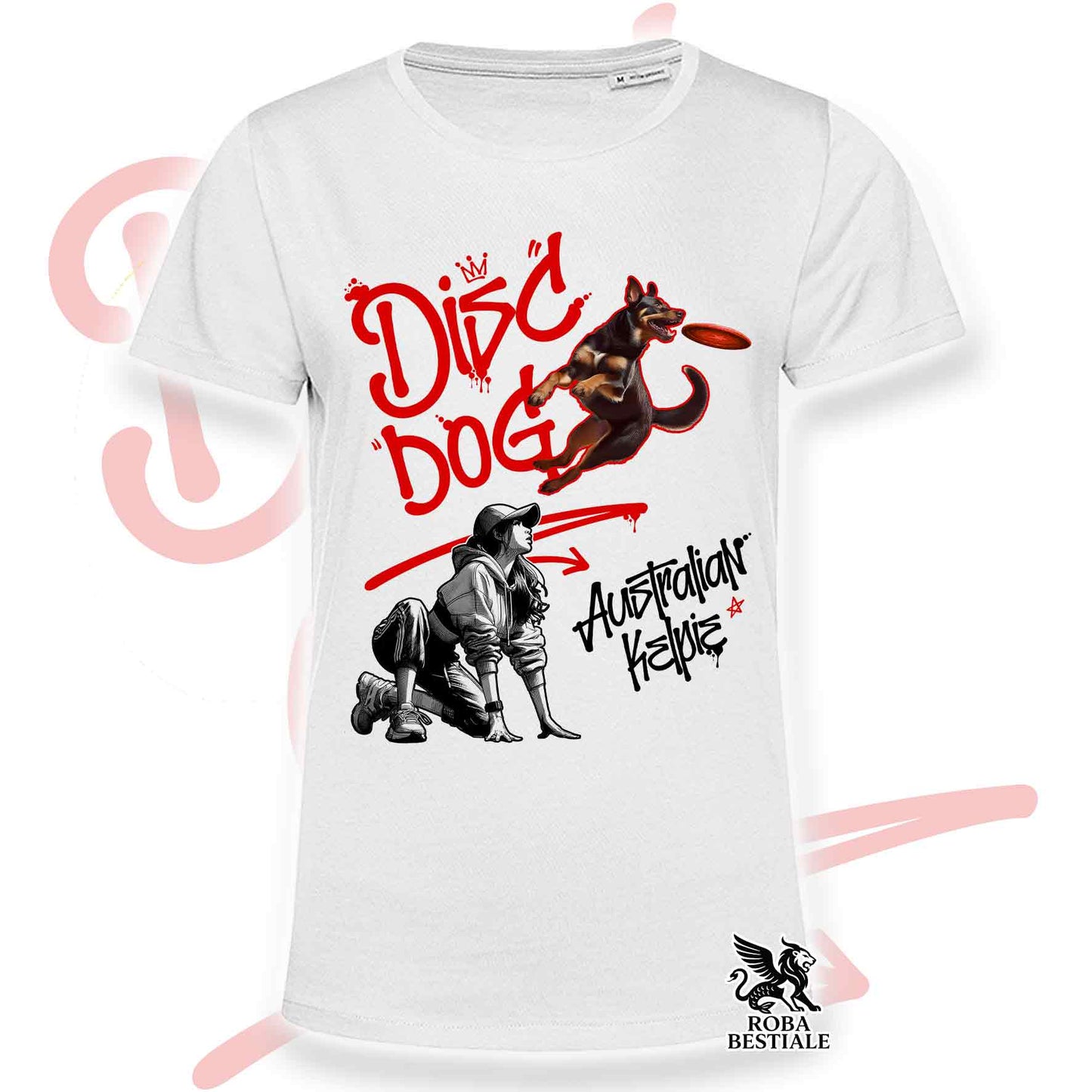 T-Shirt DISC DOG Graffiti "GIRL" - AUSTRALIAN KELPIE Rosso Focato - Bianca colore dettagli a scelta - dalla XS alla 5XL