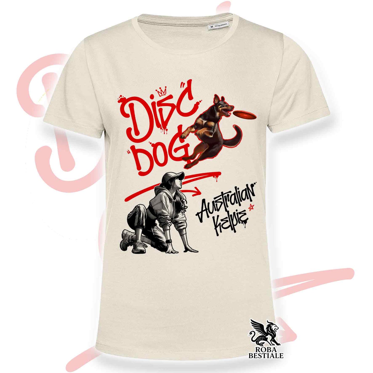 T-Shirt DISC DOG Graffiti "GIRL" - AUSTRALIAN KELPIE Rosso Focato - Off White, colore dettagli a scelta - dalla XS alla 2XL