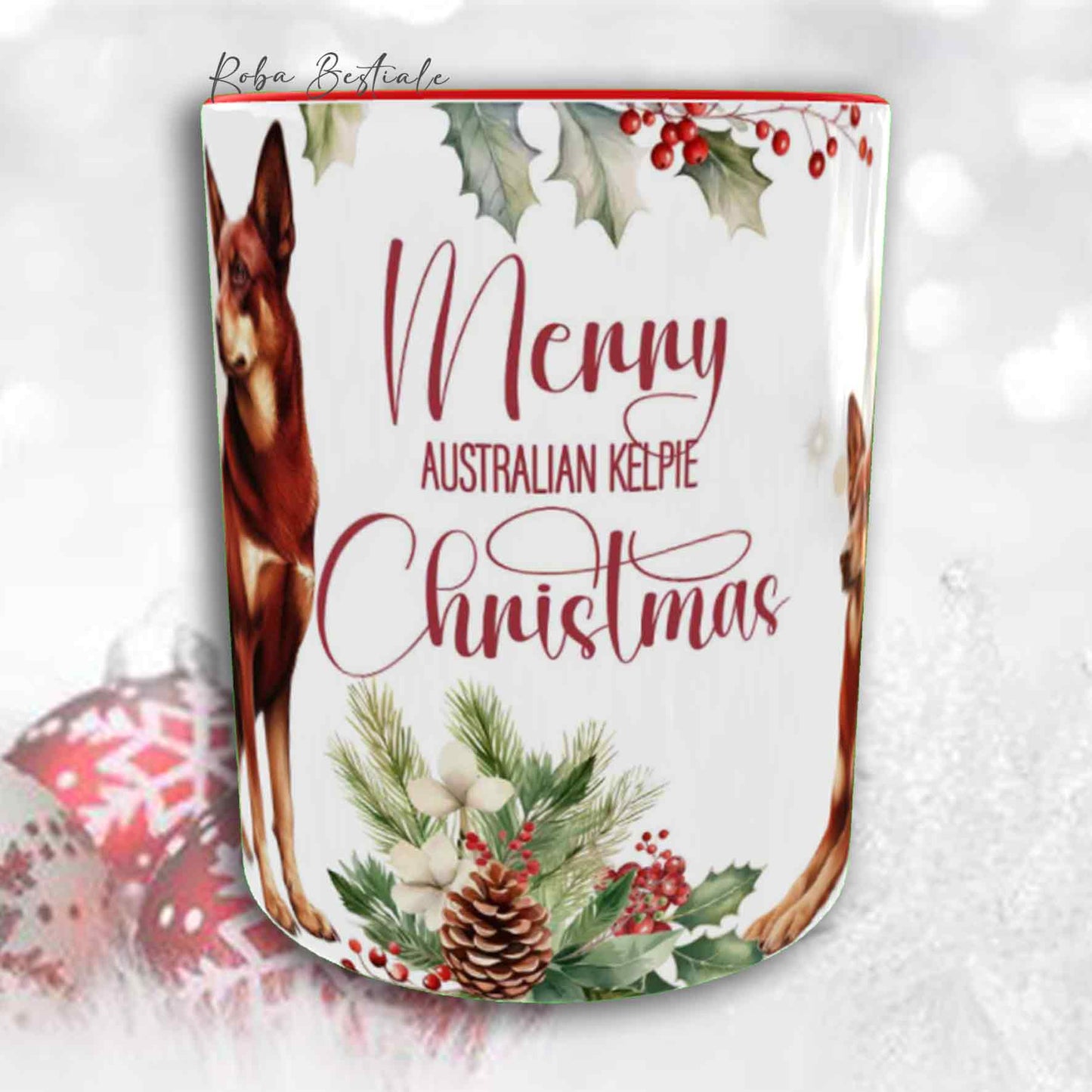 Tazza VINTAGE WINTER - AUSTRALIAN KELPIE Rosso Focato - In Ceramica, con dettagli Rossi - 330 ml