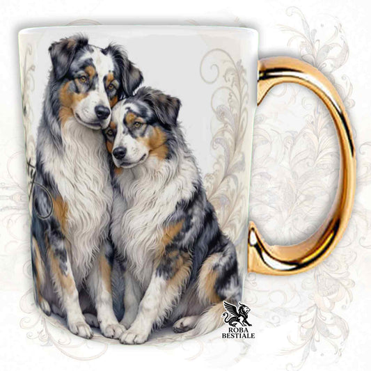 Tazza NOBILITY - AUSTRALIAN SHEPHERD Blue Merle - Manico ORO - 330 ml - in Ceramica