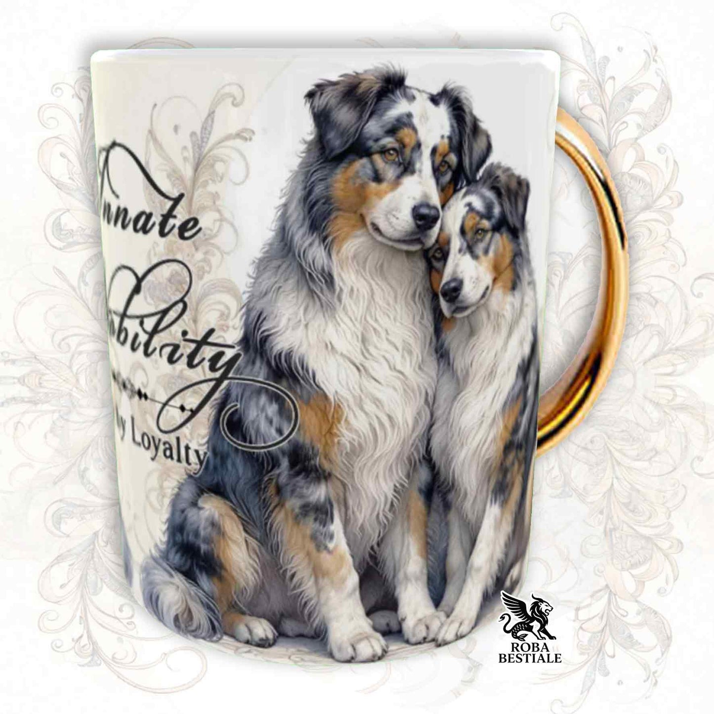 Tazza NOBILITY - AUSTRALIAN SHEPHERD Blue Merle - Manico ORO - 330 ml - in Ceramica