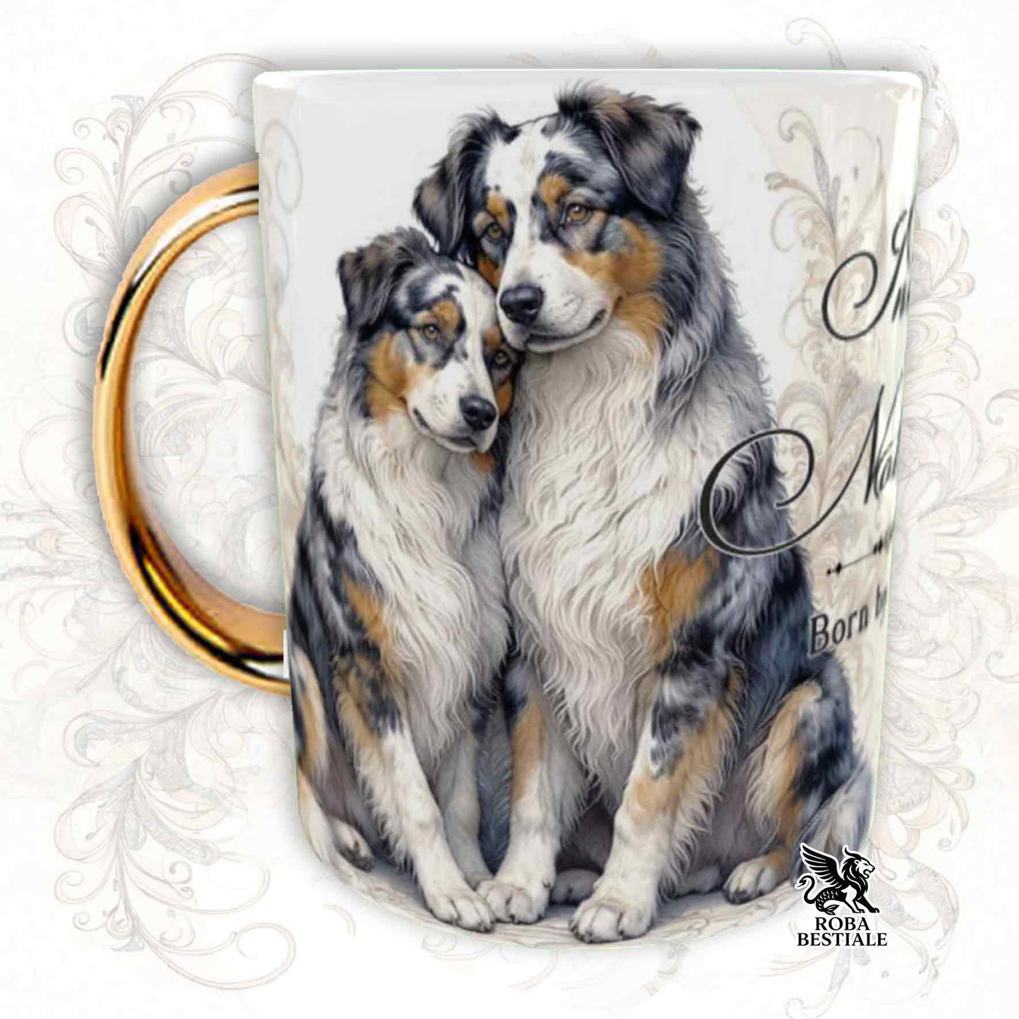 Tazza NOBILITY - AUSTRALIAN SHEPHERD Blue Merle - Manico ORO - 330 ml - in Ceramica