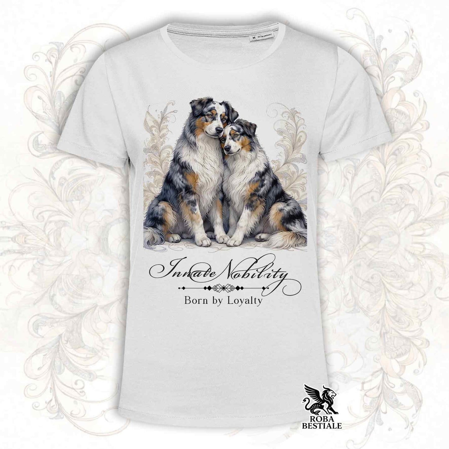 T-Shirt NOBILITY - AUSTRALIAN SHEPHERD Blue Merle - Bianca o Beige, da Uomo o da Donna - dalla XS alla 5XL