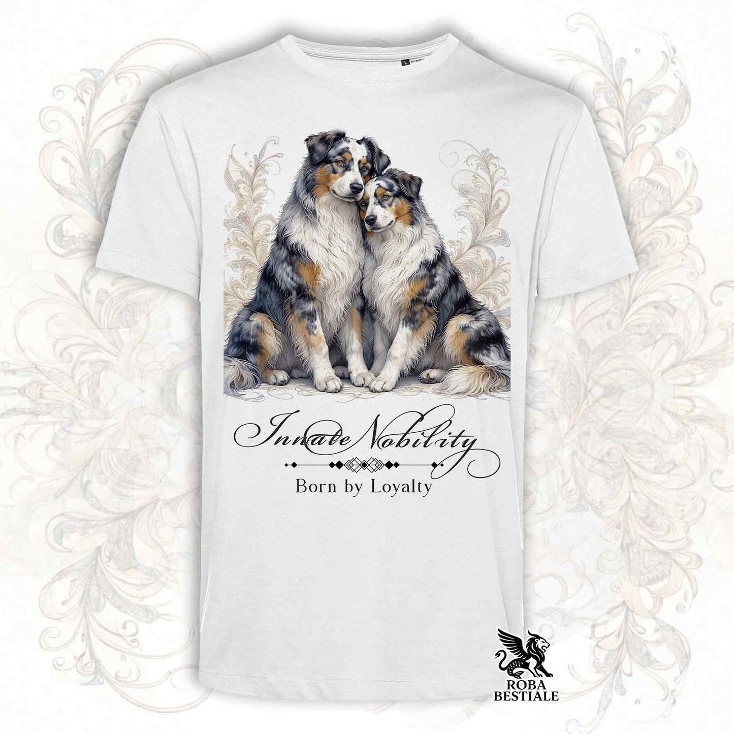 T-Shirt NOBILITY - AUSTRALIAN SHEPHERD Blue Merle - Bianca o Beige, da Uomo o da Donna - dalla XS alla 5XL