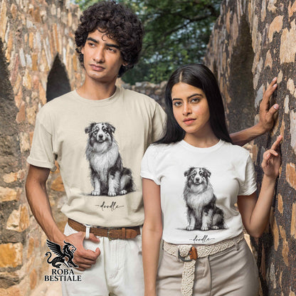 T-Shirt DOODLE - AUSTRALIAN SHEPHERD - Bianca o Beige, da Uomo o da Donna - dalla XS alla 5XL