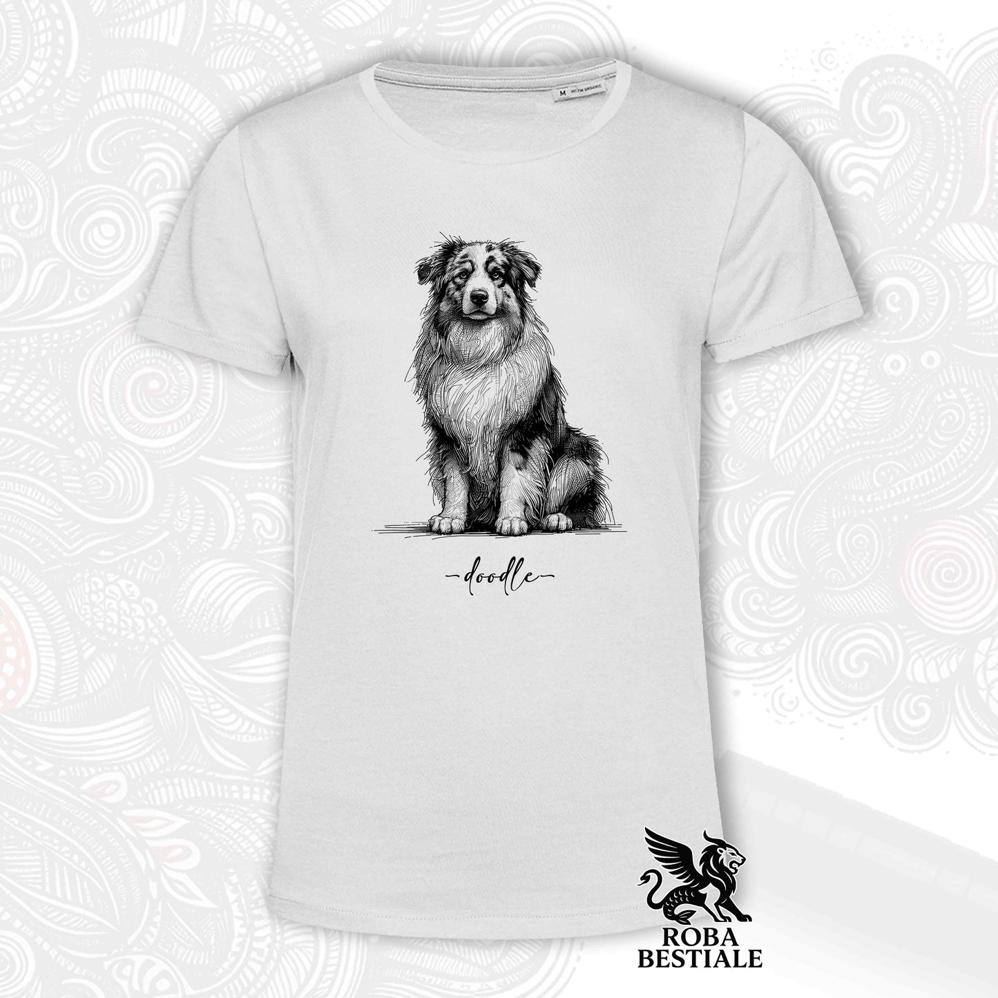 T-Shirt DOODLE - AUSTRALIAN SHEPHERD - Bianca o Beige, da Uomo o da Donna - dalla XS alla 5XL
