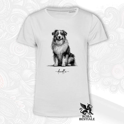 T-Shirt DOODLE - AUSTRALIAN SHEPHERD - Bianca o Beige, da Uomo o da Donna - dalla XS alla 5XL