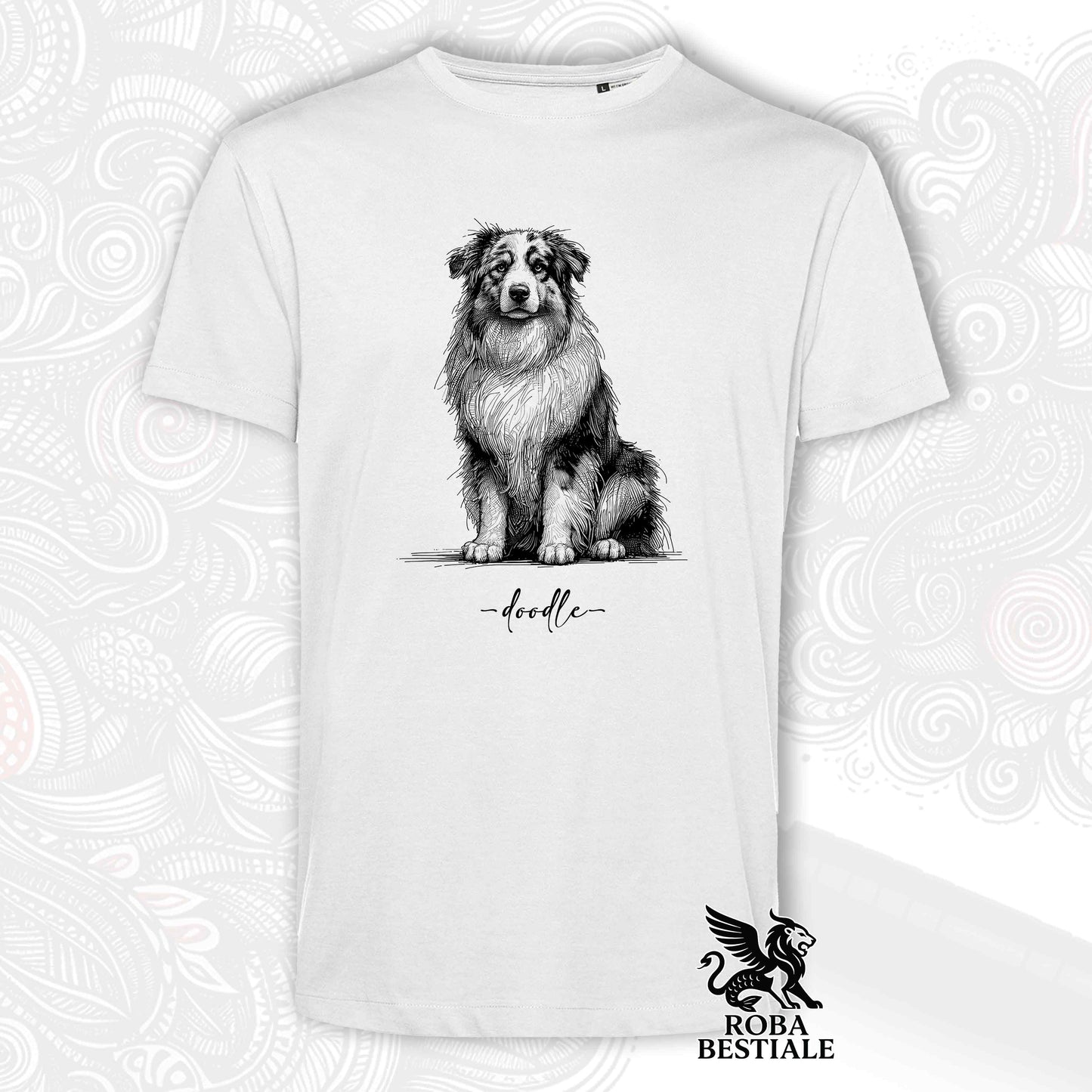 T-Shirt DOODLE - AUSTRALIAN SHEPHERD - Bianca o Beige, da Uomo o da Donna - dalla XS alla 5XL