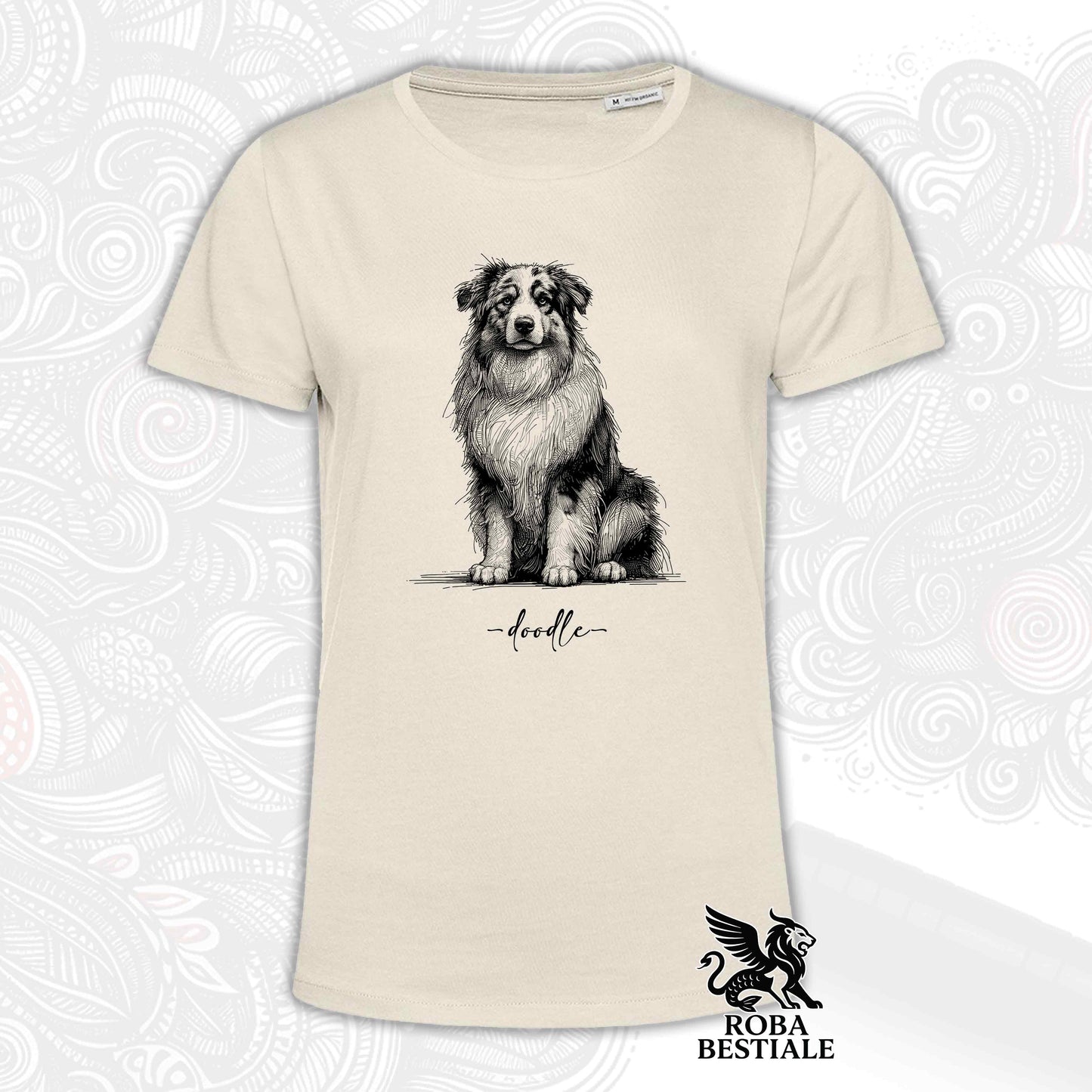 T-Shirt DOODLE - AUSTRALIAN SHEPHERD - Bianca o Beige, da Uomo o da Donna - dalla XS alla 5XL