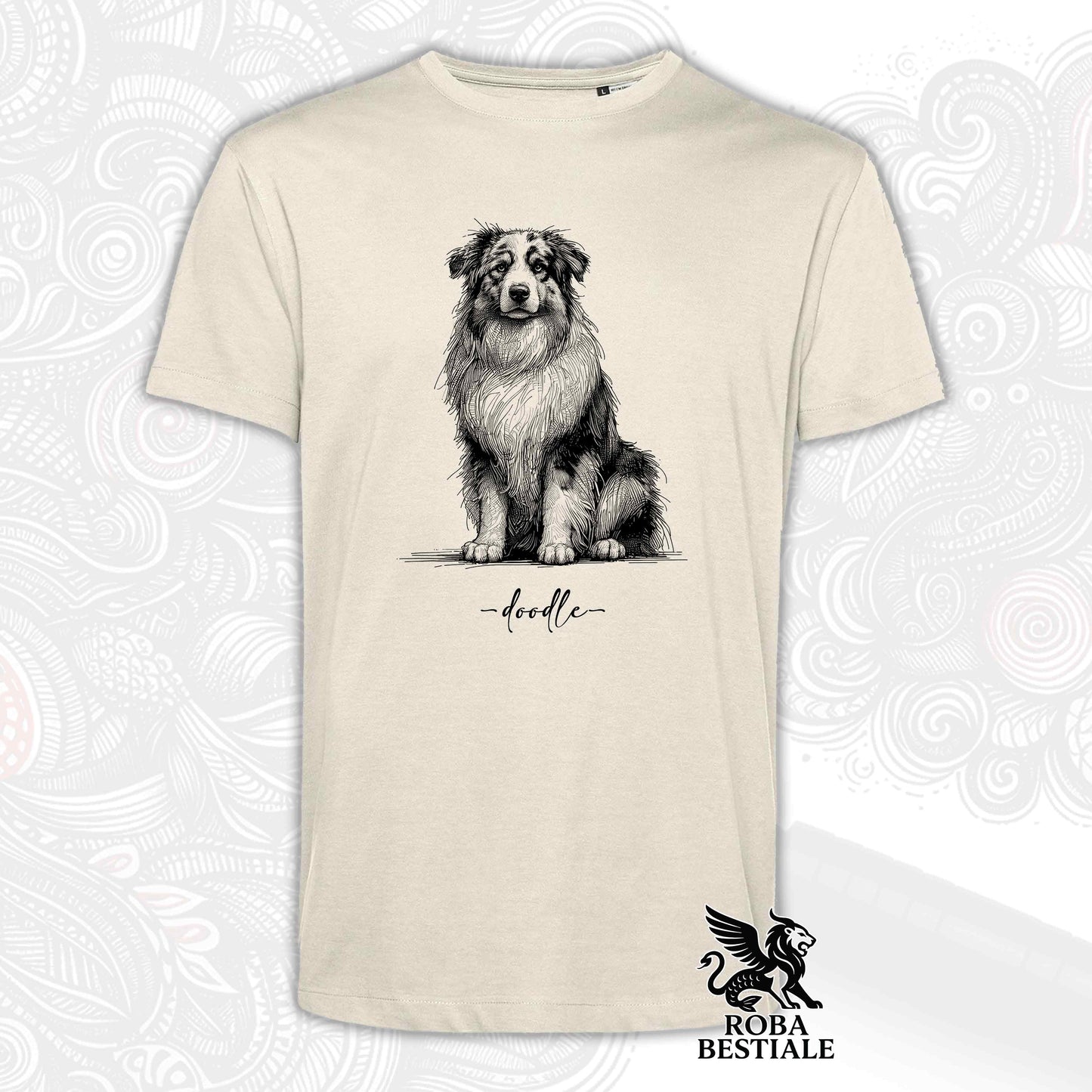 T-Shirt DOODLE - AUSTRALIAN SHEPHERD - Bianca o Beige, da Uomo o da Donna - dalla XS alla 5XL