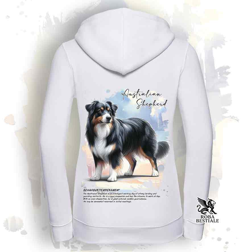 Felpa BEHAVIOR - AUSTRALIAN SHEPHERD Black Tricolor - Con Cappuccio e Full Zip, Uomo o Donna, bianca o grigia - dalla XS alla 3XL