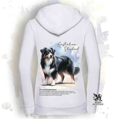 Felpa BEHAVIOR - AUSTRALIAN SHEPHERD Black Tricolor - Con Cappuccio e Full Zip, Uomo o Donna, bianca o grigia - dalla XS alla 3XL