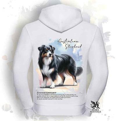 Felpa BEHAVIOR - AUSTRALIAN SHEPHERD Black Tricolor - Con Cappuccio e Full Zip, Uomo o Donna, bianca o grigia - dalla XS alla 3XL