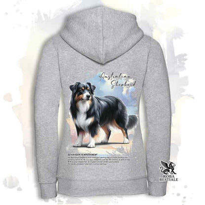 Felpa BEHAVIOR - AUSTRALIAN SHEPHERD Black Tricolor - Con Cappuccio e Full Zip, Uomo o Donna, bianca o grigia - dalla XS alla 3XL