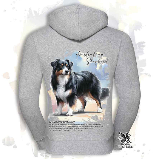 Felpa BEHAVIOR - AUSTRALIAN SHEPHERD Black Tricolor - Con Cappuccio e Full Zip, Uomo o Donna, bianca o grigia - dalla XS alla 3XL