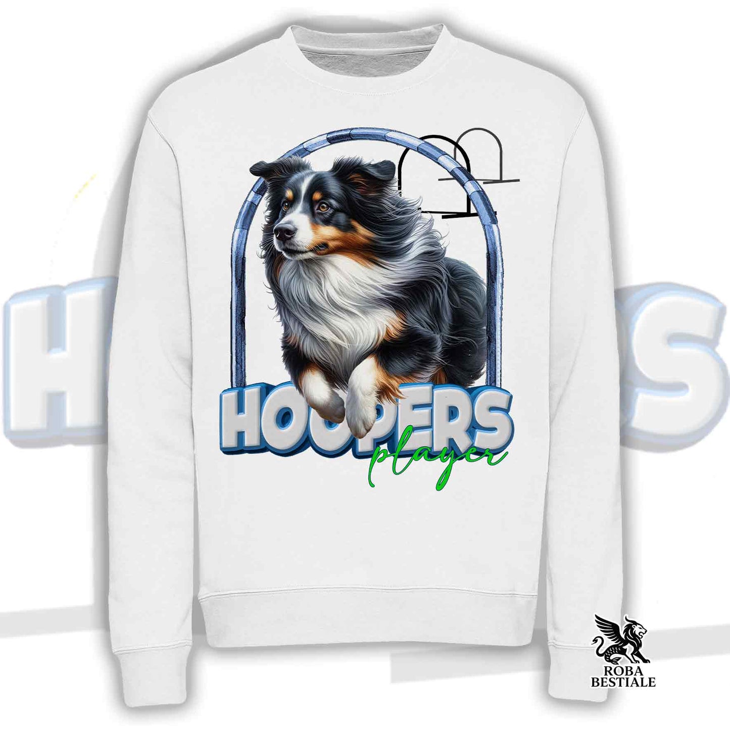 HOOPERS Player Sweatshirt - AUSTRALIAN SHEPHERD Black Tricolor - Crew neck, Unisex - White or Beige - from XS to 3XL