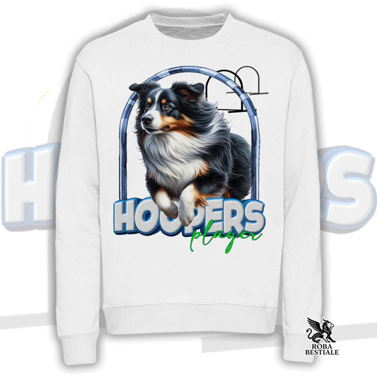 Felpa HOOPERS Player - AUSTRALIAN SHEPHERD Black Tricolor - Girocollo, Unisex - Bianca o Beige - dalla XS alla 3XL