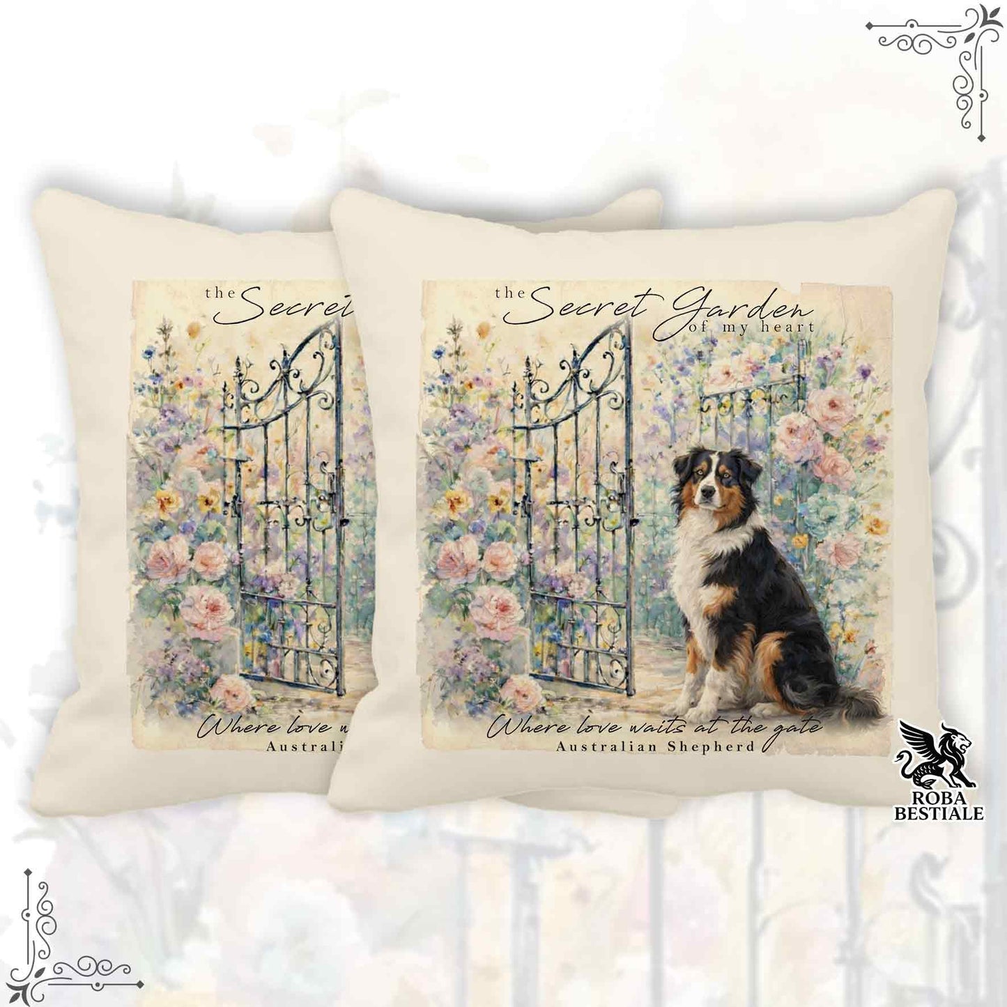 Cuscino SECRET GARDEN - AUSTRALIAN SHEPHERD Black Tricolor - 100% Tela di Cotone - 40x40 cm