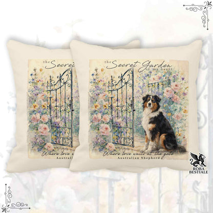 Cuscino SECRET GARDEN - AUSTRALIAN SHEPHERD Black Tricolor - 100% Tela di Cotone - 40x40 cm