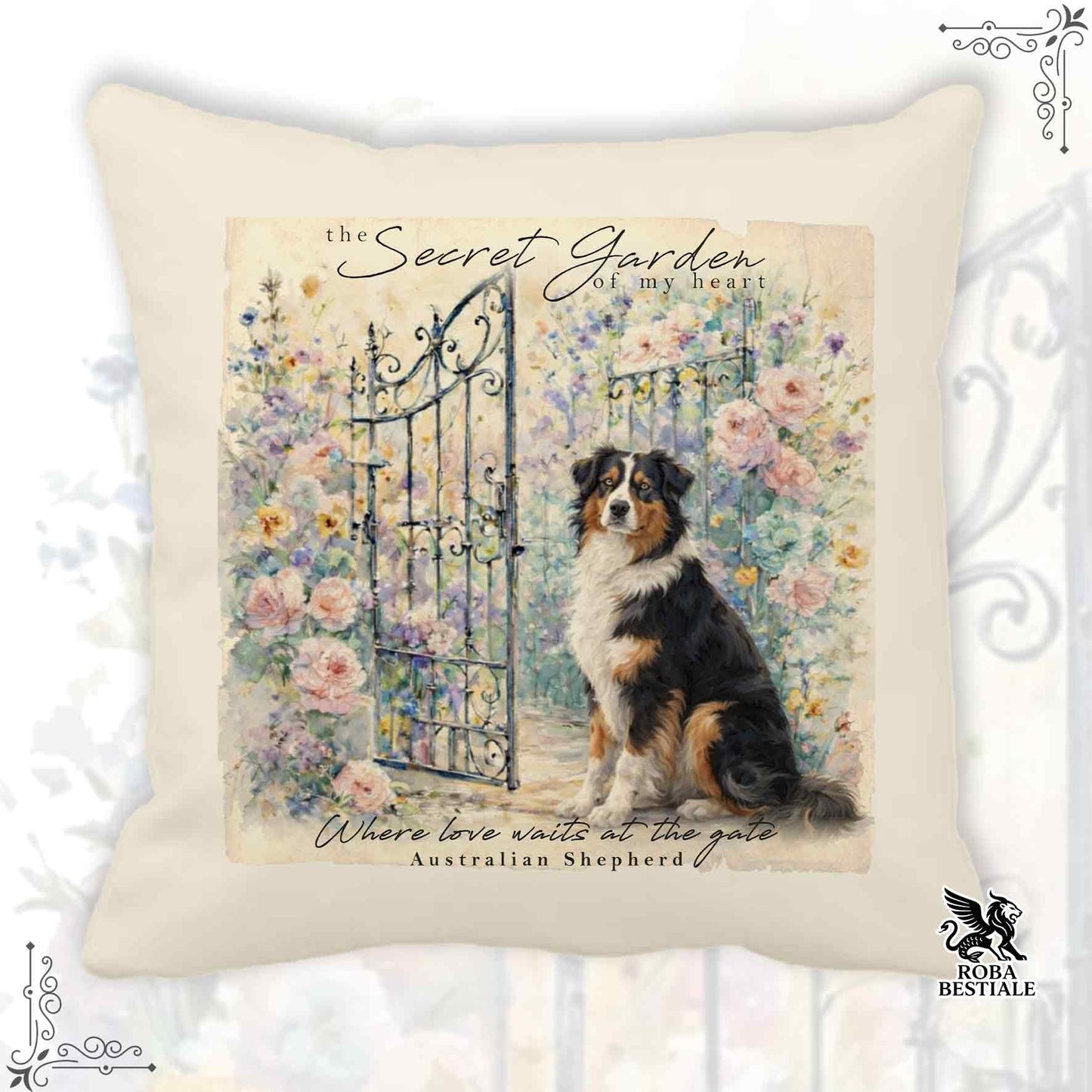 Cuscino SECRET GARDEN - AUSTRALIAN SHEPHERD Black Tricolor - 100% Tela di Cotone - 40x40 cm