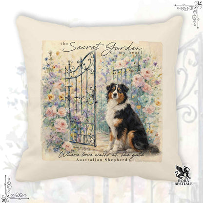 Cuscino SECRET GARDEN - AUSTRALIAN SHEPHERD Black Tricolor - 100% Tela di Cotone - 40x40 cm