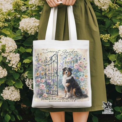 Tote Bag SECRET GARDEN - AUSTRALIAN SHEPHERD Black Tricolor - 100% Cotone - Bianca o Beige
