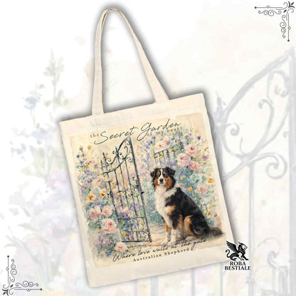 Tote Bag SECRET GARDEN - AUSTRALIAN SHEPHERD Black Tricolor - 100% Cotone - Bianca o Beige