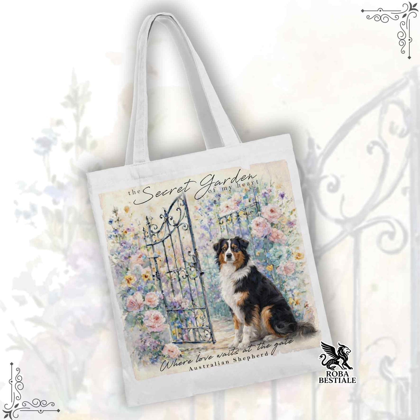 Tote Bag SECRET GARDEN - AUSTRALIAN SHEPHERD Black Tricolor - 100% Cotone - Bianca o Beige